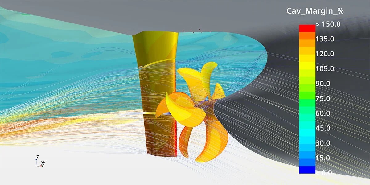 Marine propeller CFD showing streamlines and cavitation-margin distribution