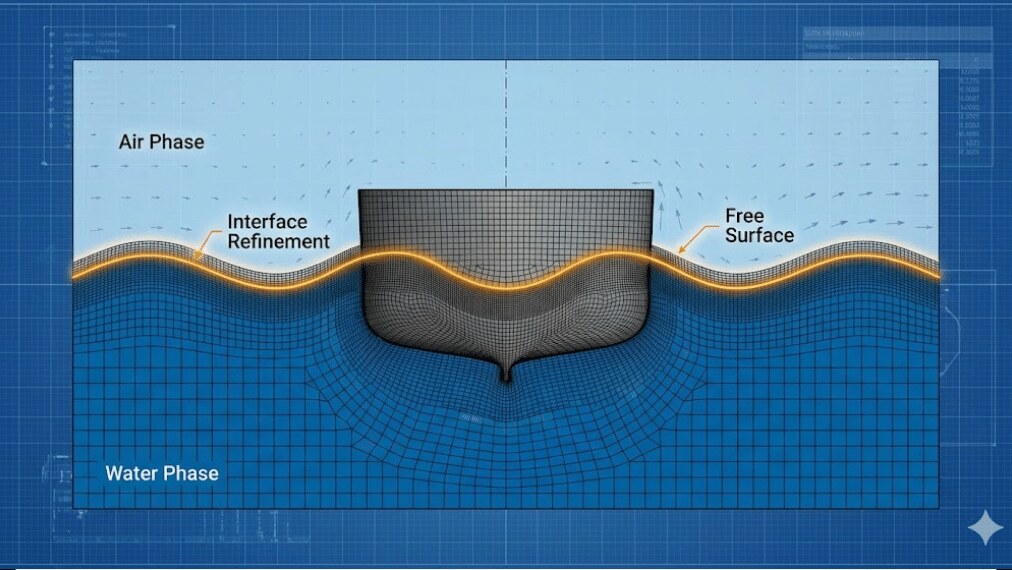 Multiphase VOF application view showing free-surface flow and local mesh refinement