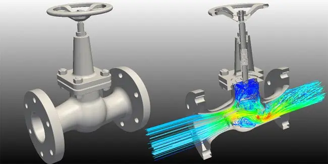 Internal-flow CFD through an industrial valve showing streamlines and recirculation