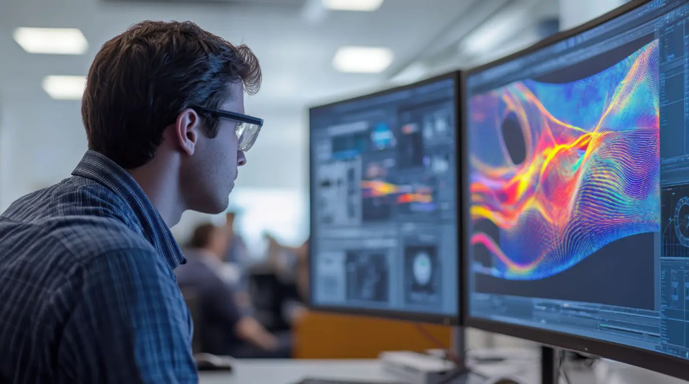 Engineer reviewing detailed CFD flow visualization and simulation evidence