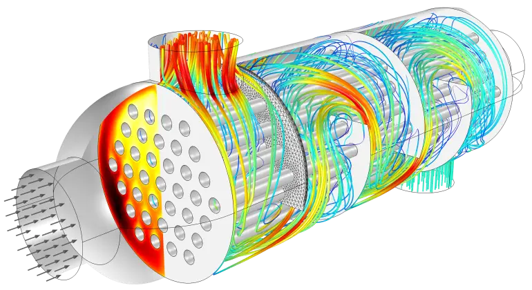 Thermal and conjugate heat-transfer CFD application view with resolved temperature gradients and solid-fluid heat paths