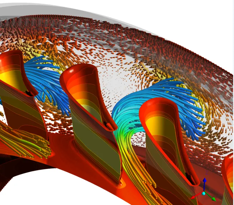 Turbomachinery CFD application view showing the rotating blade passage and velocity field
