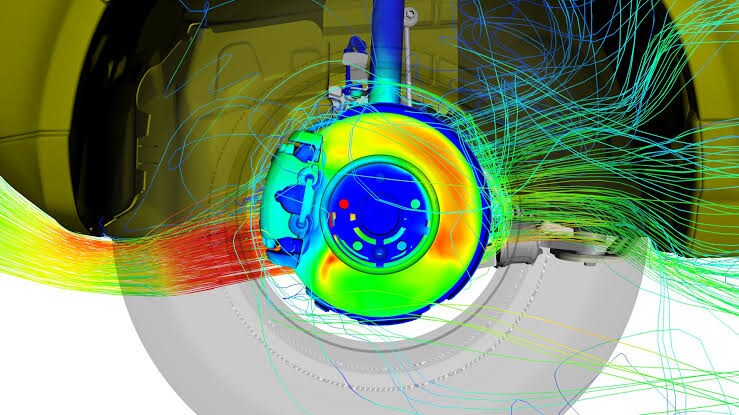 Automotive brake thermal CFD showing temperature contours and cooling-air streamlines around the wheel assembly
