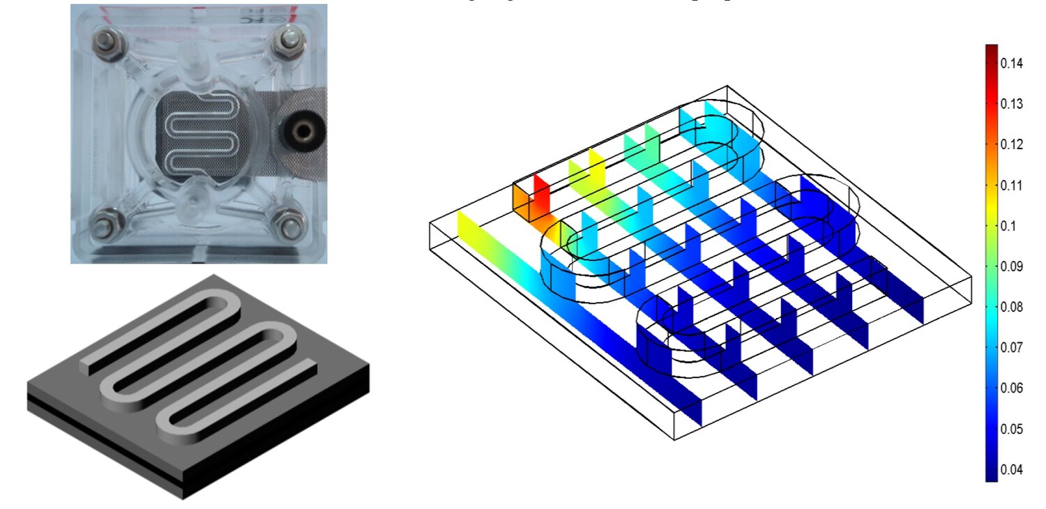 PEM fuel-cell flow-field geometry with CFD velocity distribution and physical cell reference