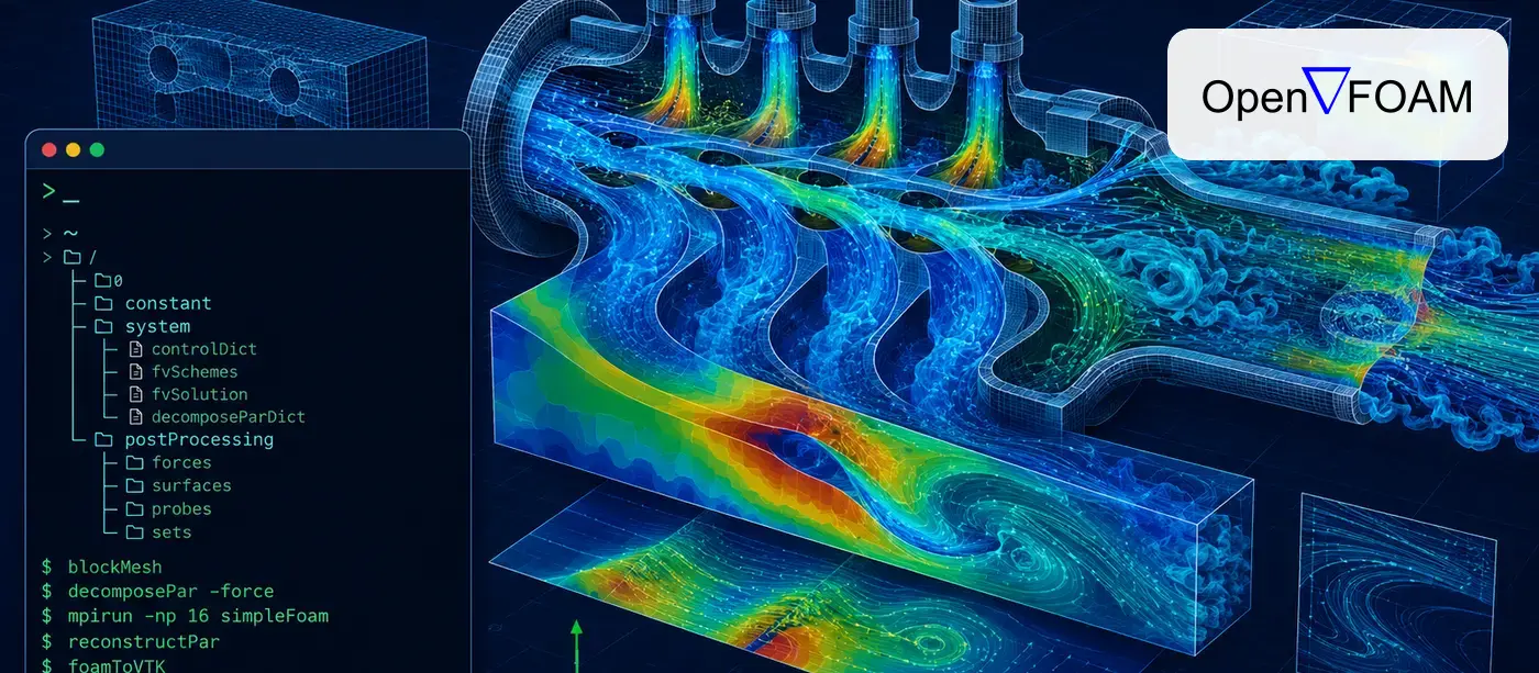 Advanced OpenFOAM CFD workflow with terminal commands, complex mesh and turbulent flow results
